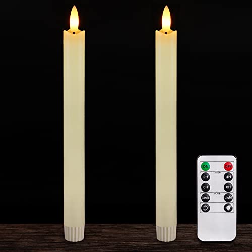 Homemory 2 Pcs Real Wax Made Flameless Taper Candles with Remote and Timer, 9.6' Ivory Battery Operated Candle Stick Flickering, Led Taper Candles with Lifelike Flame for Valentine's Day Indoor Decor