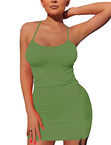 Mizoci Women's Sexy Sleeveless Spaghetti Strap Tank Bodycon Tight Mini Club Party Dress,Medium,Green