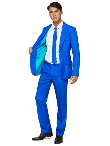 Offstream Men's Party Costume - 2 Piece Solid Color Outfit for Halloween Party with Jacket - Pants & Tie - Blue
