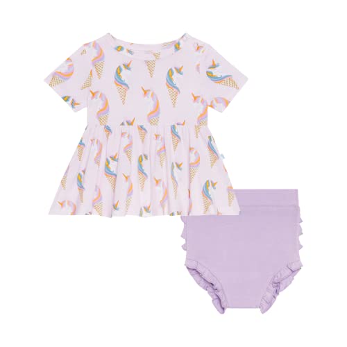 Posh Peanut Short Sleeve Basic Peplum Top & Bloomer Set - Ruffled Bummie Set - Soft Viscose from Bamboo (Unicorn Ice Cream, 18-24 Months)