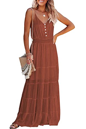 PRETTYGARDEN Women's Casual Summer Dress Spaghetti Strap Sleeveless High Waist Beach Long Maxi Sun Dresses (Rust Red,Medium)