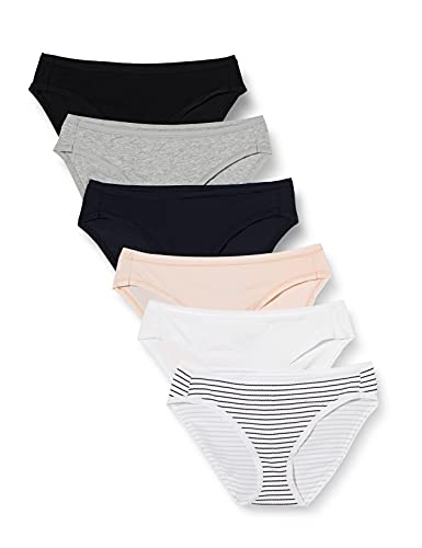 Amazon Essentials Women's Cotton Bikini Brief Underwear (Available in Plus Size), Pack of 6, Multicolor/Heather/Stripe, Medium