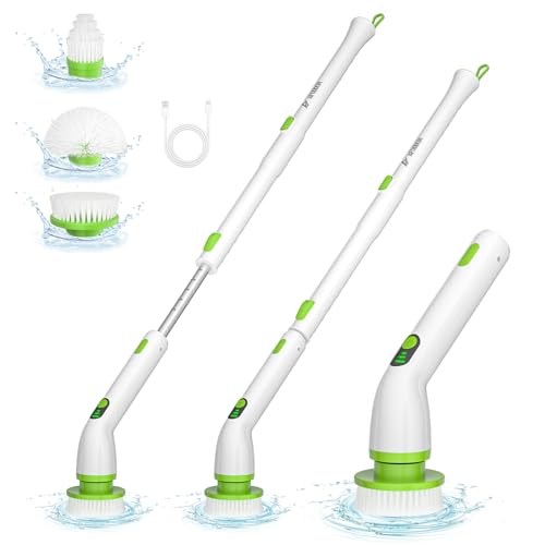 Afoddon Electric Spin Scrubber Cordless Power Shower Bathroom Scrub Brush with 3 Replaceable Cleaning Heads for Floor/Tile/Bathtub, Spin Scrubber with 2 Speed Modes, 50.5''Long Handle, IPX8 Waterproof