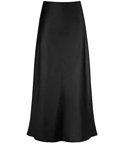 Outoshe Women's Satin High Waisted Maxi Skirts Hidden Elasticized Waistband A Line Long Skirt Black