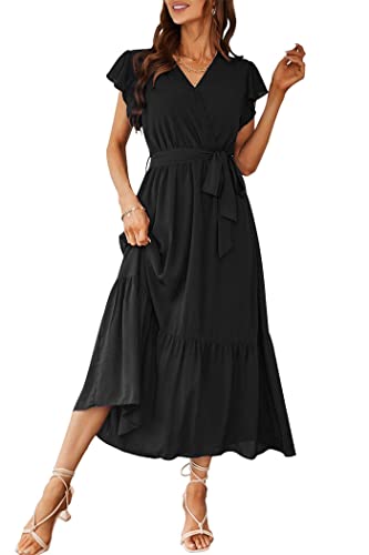 PRETTYGARDEN Women's 2024 Floral Boho Dress Wrap V Neck Short Sleeve Belted Ruffle Hem A-Line Flowy Maxi Dresses (Solid Black,Small)