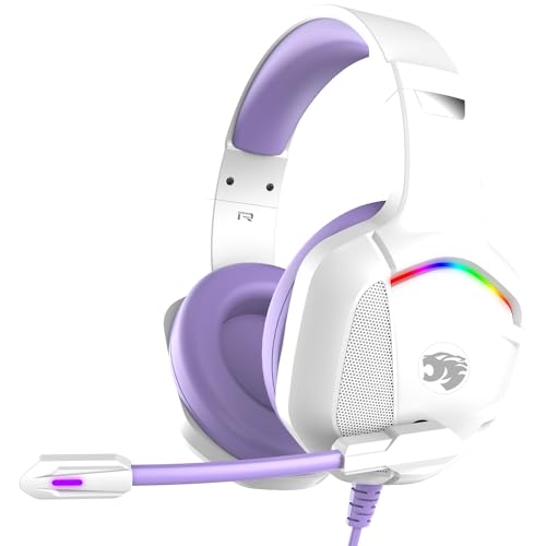 Gaming Headset with Microphone for Pc, Xbox One Series X/s, Ps4, Ps5, Switch, Stereo Wired Noise Cancelling Over-Ear Headphones with Mic, RGB, for Computer, Laptop, Mac, Nintendo, Gamer (Purple)
