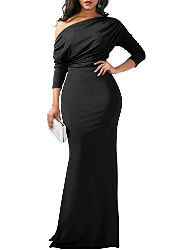 YMDUCH Women's Sexy Elegant Long Sleeve Off Shoulder Bodycon Long Evening Formal Dress Black