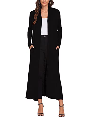 Bluetime Women Maxi Long Lightweight Duster Long Sleeve Open Front Cardigan with Pockets (XL, Black)