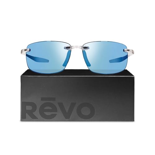 Revo Sunglasses Descend N: Polarized Lens Filters UV, Rimless Rectangle Frame, Crystal Frame with Blue Water Lens