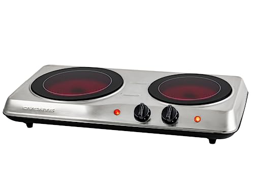 OVENTE Countertop Infrared Double Burner, 1700W Electric Hot Plate and Portable Stove with 7.75' and 6.75' Ceramic Glass Cooktop, 5 Level Temperature Setting and Easy to Clean Base, Silver BGI102S