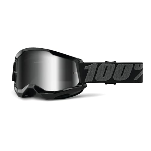 100% STRATA 2 Goggles - Sports Goggles for Motocross & Mountain Biking - Eyewear for Bike Riders - Motocross Goggles for Men - Black, Mirror Silver Lens