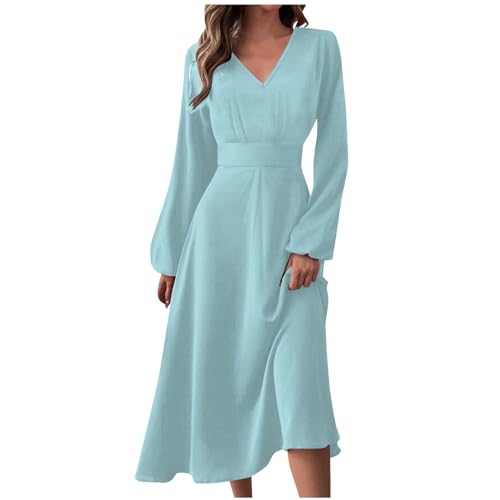 Oversized Long Sleeve Wedding Cocktail Women Fall Elegant Comfortable Fit Dress for Women Thin Solid V Neck Turquoise S