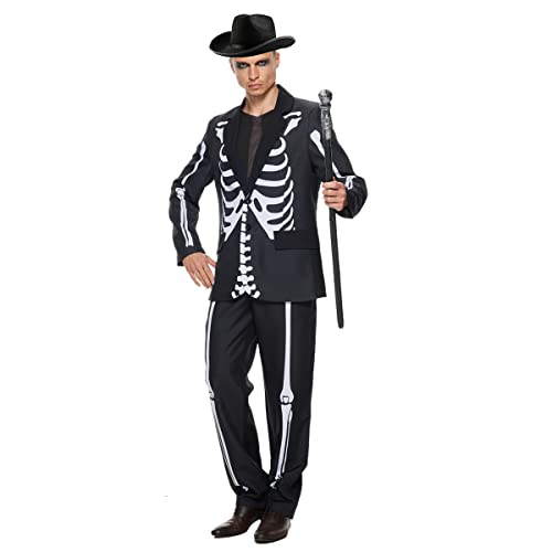 ReneeCho Skeleton Suit Halloween Costume Tuxedo Men's Bone Daddy Set Jacket and Pants for Party Holiday Black White Adult