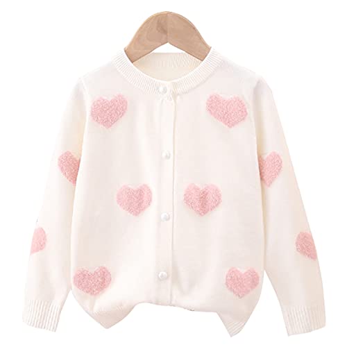 ASHER FASHION Girls Knit Cardigan Heart Sweater Long Sleeve Button Down Love Coat for 2-8 Years Kids Tops White