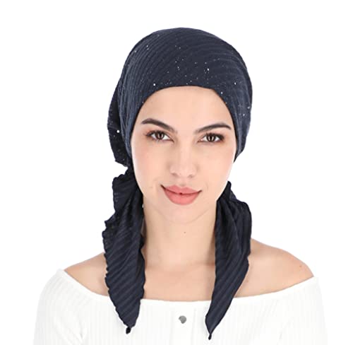 Madison Headwear Pre-Tied Hair Scarves for Women Featuring A Unique Sparkly Foil Finish and Stretchy Ribbed Fabric (Navy)