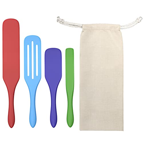 Mad Hungry Spurtle Silicone Set 4-Piece with Bag - Kitchen Spatula Tools for Cooking, Narrow Jar Scraper, Mixing Spoons, Icing Cake & Frosting Knife Spreader, Slim & Slotted Thin Paddle Utensil