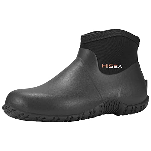 HISEA Men's Rain Boots, Ankle Height Garden Shoes Waterproof Rubber Neoprene Mud Boots Durable Insulated Short Outdoor Work Booties for Gardening Farming Camping Fishing and Yard Working, Size 9 Black