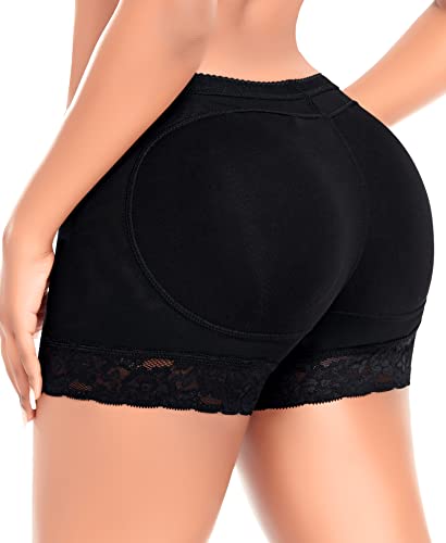 DERCA Padded Underwear for Women Butt Lifter Seamless Booty Pads Butt Enhancer Panties Lace Shapewear Boyshorts (#01 Black (Lace Trim),Small)