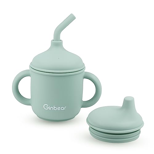 Ginbear 2-in-1 Sip-N-Straw Cup for Baby, Spill Proof Toddler Transition Sippy Cup with Straw, Silicone Baby Cup with Handles, Tiny Training Cups 6 Months+ (Hazy Green)