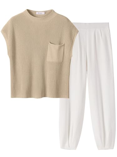 ANRABESS Women's Two Piece Outfits Knit Sweater Pullover Crop Top & Pants Lounge Matching Tracksuit Sweatsuit Sets 2024 Trendy Loungewear Clothes Khaki White Small