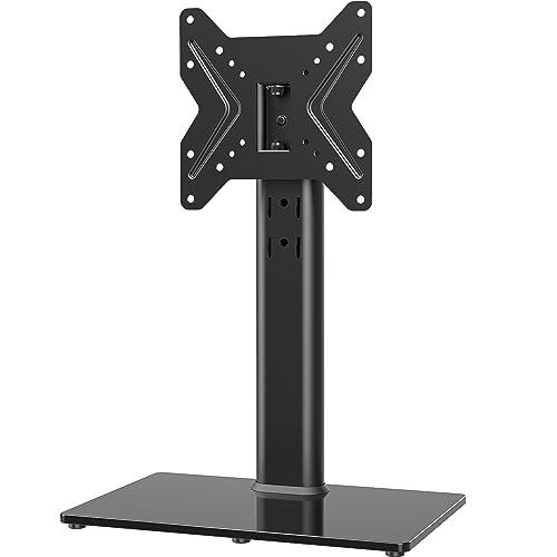 Universal Swivel TV /Table Top TV Stand for 19 to 43 inch TVs with 90 Degree Swivel, 4 Level Height Adjustable, Heavy Duty Tempered Glass Base, Holds up to 99LBS HT02B-001