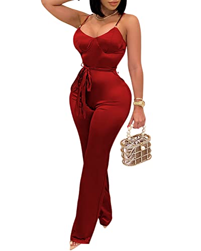 CUTUBLY Women's Bodycon V Neck Solid Color Spaghetti Strap Waistband Jumpsuit Romper(3717,Wine Red,2XL)