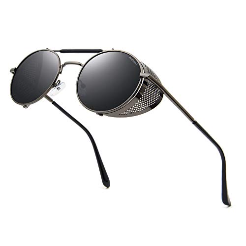 ANDOILT Steampunk Style Round Sunglasses for Men Women Vintage Retro Eyewear Matel Frame UV400 Protection Gray frame Gray lens