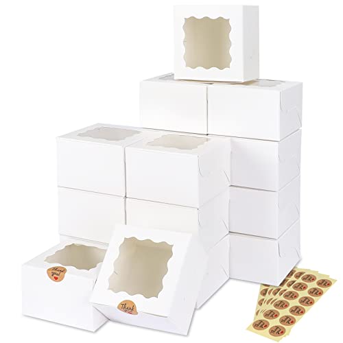 Moretoes 50pcs 4x4x2.5 Inches White Bakery Boxes with Window, Cookie Boxes, Small Treat Boxes, Mini Cake Boxes for Dessert, Strawberries, Pastry