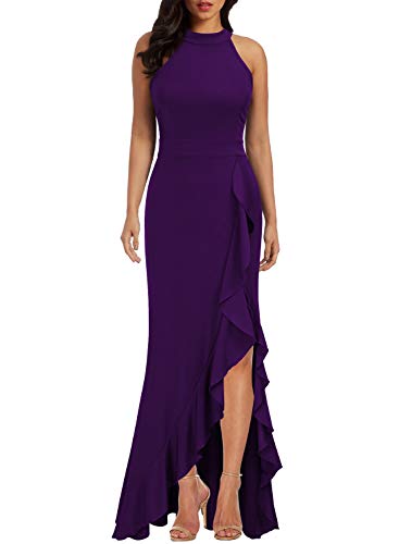 WOOSEA Women's High Neck Split Bodycon Mermaid Evening Cocktail Long Dress Purple