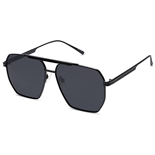 SOJOS Retro Oversized Square Polarized Sunglasses for Women Men Vintage Shades UV400 Classic Large Metal Sun Glasses SJ1161 with Black/Grey Lens