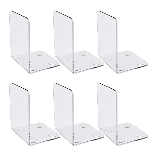 6 Pcs Book Ends, Heavy Duty Clear Acrylic Bookends for Shelves/Desk, Office Home Book Stopper with 24 Non-Slip Pad for Book, Video Games, CDs