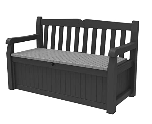 Keter Solana 70 Gallon Storage Bench Deck Box for Patio Furniture, Front Porch Decor and Outdoor Seating – Perfect to Store Garden Tools and Pool Floats, Graphite