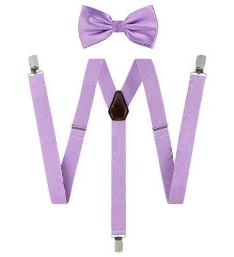 TIE G Solid Color Men's Suspender + Woven Bow Tie Set for Wedding : Vivid Color, Adjustable Brace, Strong Enhanced Clip, Elastic Band (Lavender)