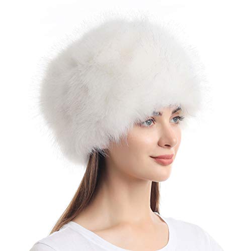 LA CARRIE Women's Faux Fur Hat for Winter with Stretch Cossack Russion Style(White)