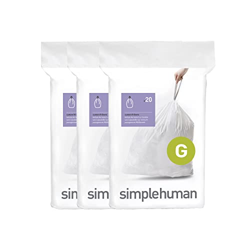 simplehuman Code G Genuine Custom Fit Drawstring Trash Bags in Dispenser Packs, 20 Count (Pack of 3), 30 Liter / 8 Gallon, White