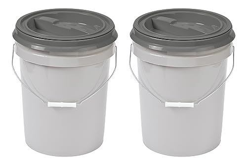 Mighty Tuff 5 Gallon / 21 Pound Pet Food Storage Container, Pack of 2 with Metal Handle and Airtight Lid to Lock in Freshness, Light Grey Base & Dark Grey Lid