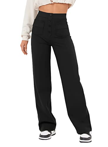 EVALESS Women's Comfy Straight Leg Black Pants High Waisted Button Down Stretchy Business Work Trousers with Multiple Pockets Large