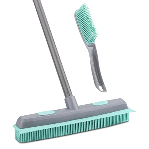 Conliwell Rubber Broom Carpet Rake for Pet Hair, Fur Remover Broom with Squeegee, Portable Detailing Lint Remover Brush (Iron)