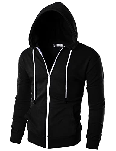 Ohoo Mens Slim Fit Lightweight Zip Up Hoodie with Pockets Long Sleeve Full-Zip Hooded Sweatshirt/DCF002-BLACK-3XL