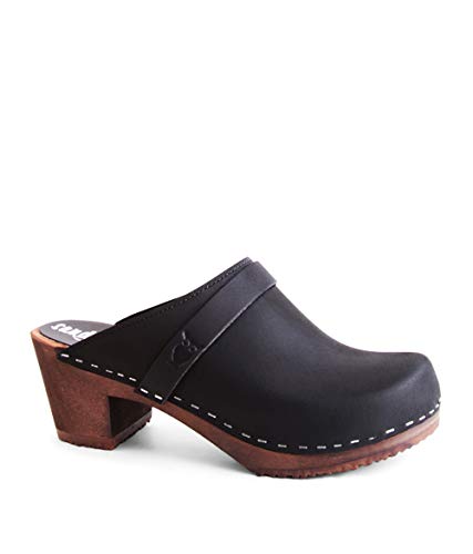 Sandgrens Swedish High Heel Wooden Clog Mules for Women, US 9-9.5 | Dublin Black DK, EU 40