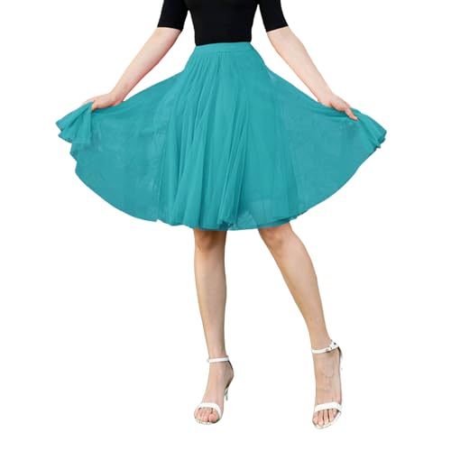 Women's High Waist Flowy Pleated Chiffon Skirt A Line Layered Tulle Skirt 1950S Vintage Knee-Length (Green, One Size)