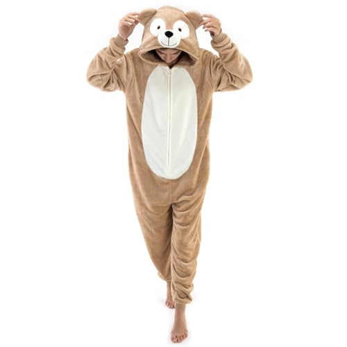 COSUSKET Snug Fit Unisex Adult Duffy Bear Onesie Pajamas, Flannel Cosplay Animal One Piece Halloween Costume Sleepwear Homewear