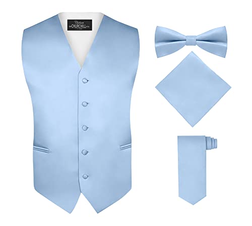 S.H. Churchill & Co. Men's 4 Piece Vest Set, with Bow Tie, Neck Tie & Pocket Hankie - Light Blue, M