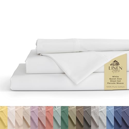 100% Cotton Percale Sheets Queen Size, White, Deep Pocket, 4 Pieces Sheet Set - 1 Flat, 1 Deep Pocket Fitted Sheet and 2 Pillowcases, Crisp Cool and Strong Bed Linen