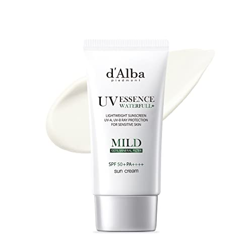 d'Alba Italian White Truffle Waterfull Mild Sunscreen, Vegan Skincare, Mineral Sunscreen with SPF 50+ PA++++, Non-Nano Sunscreen Suitable for Sensitive Skin, Gentle and Light Finish