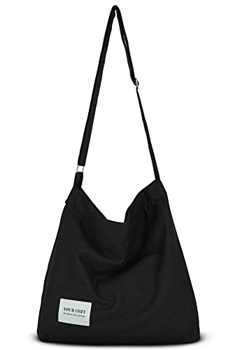 Your Cozy Women's Retro Large Size Cotton Shoulder Bag Hobo Crossbody Handbag Casual Tote For Shopping and Travel (Black)