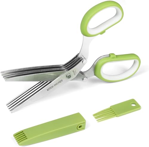 Kitchshears Herb Scissors with 5 Blades and Cover–Quality Herb Cutter Scissors Stainless-Steel & Easy to Clean- Heavy-Duty Vegetable Scissors for Chopped Salad & Mincing Meat- BONUS Herb Comb
