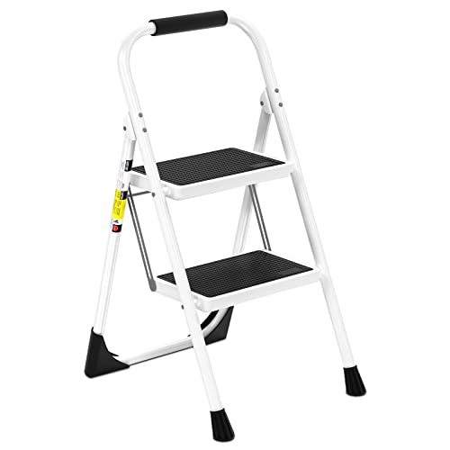 Step Ladder EFFIELER 2 Step Stool Ergonomic Folding Step Stool with Wide Anti-Slip Pedal 430 lbs Sturdy Step Stool for Adults Multi-Use for Household, Kitchen, Office (Matte White)