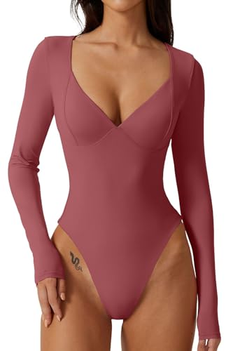 QINSEN Long Sleeve Bodysuit for Women Double Lined V Neck High Cut T Shirt Bodycon Tops Merlot M