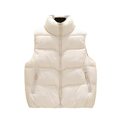 Women Short Style Winter Vests Stand Collar Ladies Quilted Sleeveless Jacket Zipper Pockets Waistcoat Beige XXL